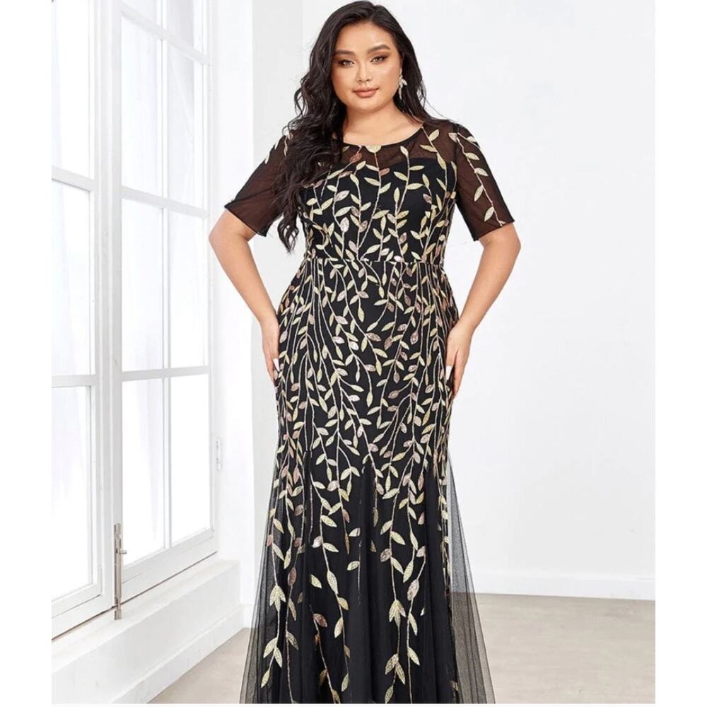 Ever Pretty formal black mermaid gown with gold leaves
